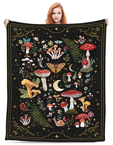 Niedliche Pilz-Überwurfdecke, ästhetisch, Hexengeschenke für Frauen, Gothic-Geschenke, weich, gemütlich, warm, Motte, Hexe, Plüschdecke, Überwurf für Frauen, Männer, Teenager, Mädchen, Jungen, Mutter,