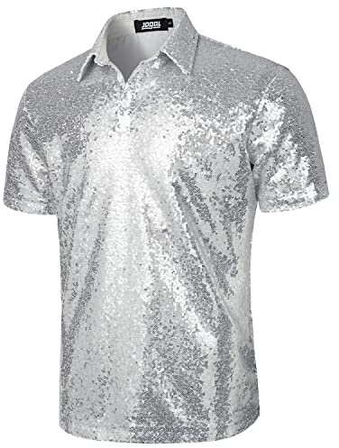 JOGAL Herren 70er Pailletten Hemd Kurzarm Disco Party Oberteile Nightclub Glitzer Poloshirts Silber Klein