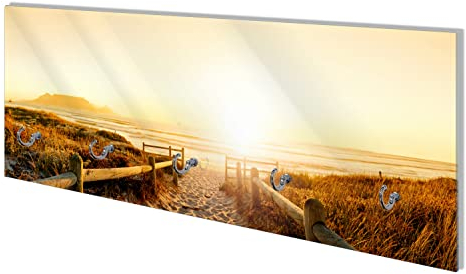 Wallario Wandgarderobe aus Glas in Größe 80 x 30 cm mit Memoboard-Funktion, Motiv: Strand in Südafrika II - Himmel in orange | 5 Kleiderhaken zum Aufhängen von Jacken