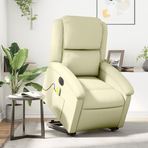 Gecheer Massagesessel mit Aufstehhilfe Elektrisch Relaxsessel Fernsehsessel Liegesessel Ruhesessel TV Sessel Massagefunktion Polstersessel Relaxliege Loungesessel Wohnzimmersessel Creme Echtleder