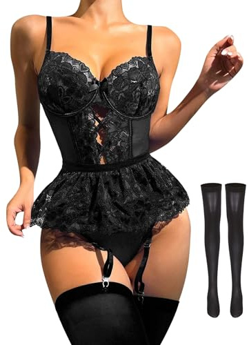 ROSVAJFY Women's Garter Teddy Lingerie Set With Stockings, Floral Lace Naughty Bodysuit Strappy One Piece Babydoll Nightwear, Sexy Deep V Cutout Jumpsuit Mesh Sleepwear (Black, M)