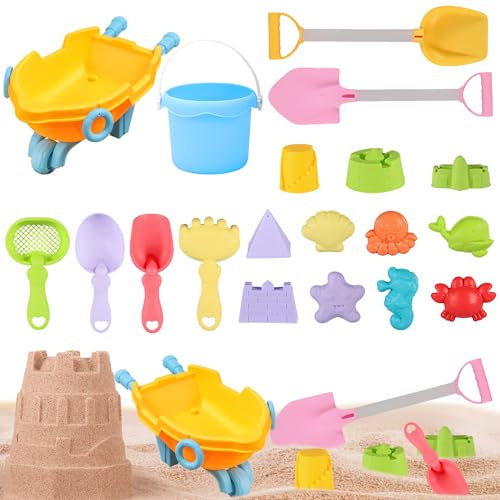 Sandspielzeug Sandförmchen Set,19pcs Sandkasten Spielzeug mit Handwagen und Eimer,Strandspielzeug Sandförmchen Set mit Sandschaufel und Löffel,Spielstabil Sandspielzeug ab 1 2 3 4 5 Jahr Kinder