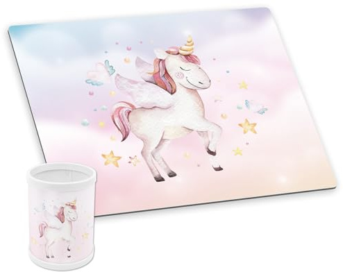 itenga Schreibtischunterlage DELUXE mit Stifteköcher abwischbar rutschfest glatt Kunststoff (Motiv Einhorn)