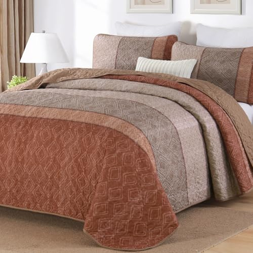 Cottolester Boho Quilt Set Queen Size 3 Pieces,Red Orange Striped Bedspread,Bohemian Farmhouse Bedding Set Soft Microfiber Bedding Set for All Season 96x90