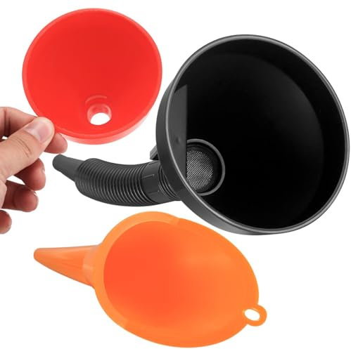 Unifizz Juego de 4 embudos automotrices, embudos de aceite de cuello largo de plástico de boca ancha, embudos flexibles de ángulo recto, con boquilla desmontable y filtro para