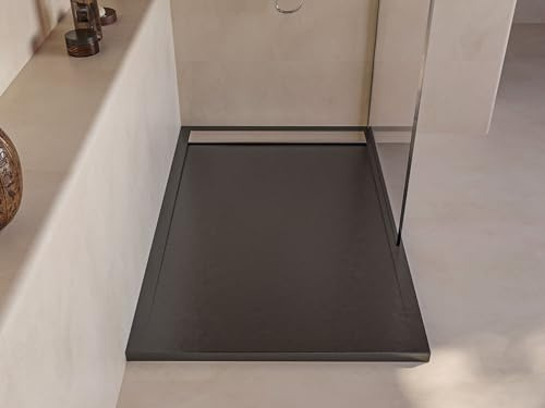 SOULBATH Plato de Ducha - Resina - Gel Coat - Textura Liso/Piedra - Antideslizante - Color Negro - 150x90- Extraplano 3cm. Incluye Válvula de desagüe - Rejilla Inox.