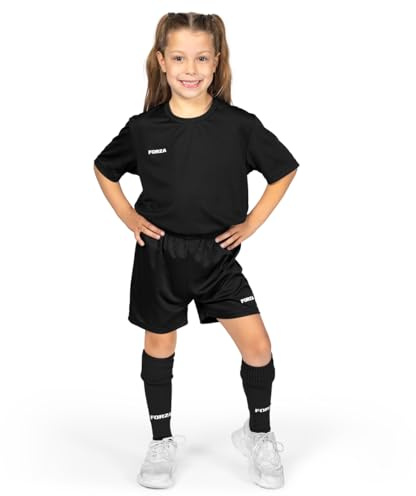 FORZA Barn klassisk kortärmad fotbollssats | komplett fotbollsset med skjorta, shorts och strumpor - för pojkar och flickor, Svart, 9-10 Years