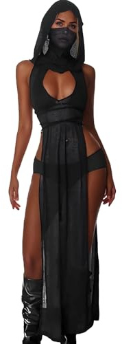 Rave Outfits for Women, Goth Sleeveless Hooded Sheer Knit Dress,EDM Festival Outfits Streetwear(Small) Black