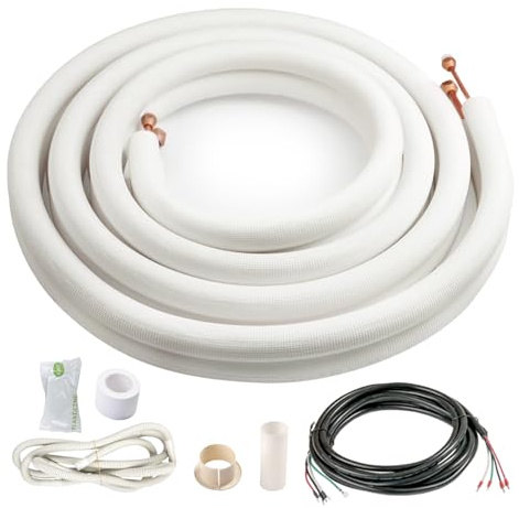 ICOOL 16 Ft. Mini Split Line Set, 1/4 & 5/8 O.D. Twin Copper Pipes, 3/8 Thickened PE Insulated Coil Copper Line for Air Conditioner HVAC Refrigeration and Heating Equipment, with Fittings