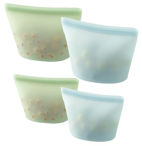 PandaEar 4 Pack Reusable Silicone Food Storage Bags, Leakproof Stand-Up Freezer Bags, Microwave & Dishwasher Safe, for Meal Prep, Snacks, Baby Food – 2 Large (34 oz) + 2 Medium (17 oz)