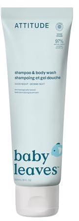 ATTITUDE Shampooing et Gel Douche 2 en 1 pour Bébé, Certifié EWG Verified, Nettoyant Cheveux & Corps, Doux pour la Peau, Ingrédients d’Origine Naturelle, Végane, Parfum Bonne Nuit, 240 mL