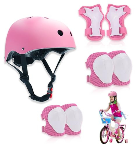 Zyluniy Set di Protezioni per Bambini, Set di Casco Protezione Bambini, traspirante e regolabile, set di ginocchiere per bambini per bicicletta, skateboard, scooter (rosa)