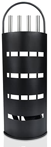 VANCHEMO Serviteur de cheminée - 5 pièces - En acier inoxydable - Polyvalent - Avec support, balai, pelle, tisonnier et pince (noir)