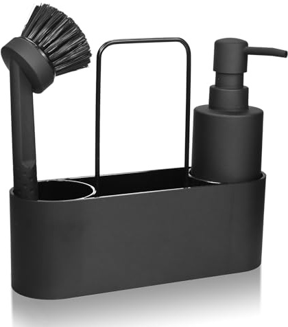Spülmittelspender Küche Schwarz - Seifenspenders Küchen Organizer Set mit Seifenspender Spülbürste Spültuchhalter Spülmittelspender-Soap Dispenser SetSeifenspender-KücheSet Set Seifenspender (Schwarz)