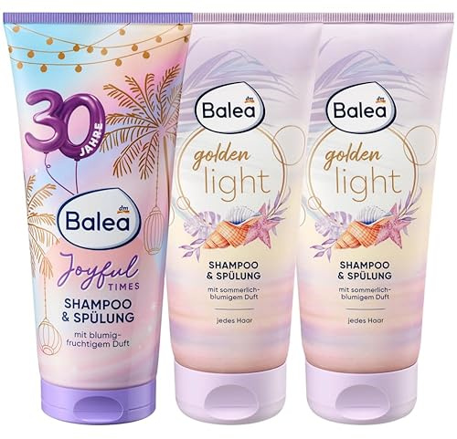 Balea 3er-Set Haarpflege: Shampoo & Conditioner Joyful Times Reinigung & Pflege mit blumig-fruchtigem Duft, 200 ml + Haarshampoo & Spülung Golden Light für seidig weiches Haar, 2 x 200 ml (600 ml)