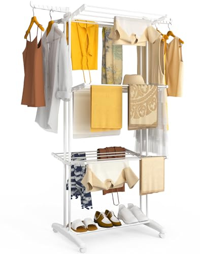 VOUNOT® Tendedero Vertical Plegable Tipo Torre 4 Niveles Dobles Zapatero Tendedores Ropa Gran Capacidad Secadora con Ruedas Alas Plegables Estantes de Secado Ropa Interior/Exterior 125x62x173cm Blanco