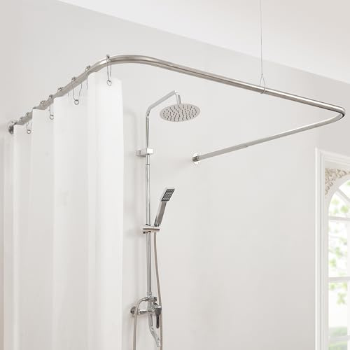 Mirooyu Duschvorhangstange U Form [Seiten: 60-132 cm, Mitte: 79-119 cm] Verstellbare Eckduschstange Duschstange für Badewanne, Dusche & Außenbereich mit 12 Haken & Deckenstütze
