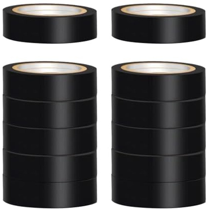 POHOVE 12 rollos de cinta aislante eléctrica de 19 mm x 20 m, cinta aislante de PVC autoadhesiva fuerte para aislar, reparar y proteger cables eléctricos (negro, tamaño: 19 mm x 20 m)