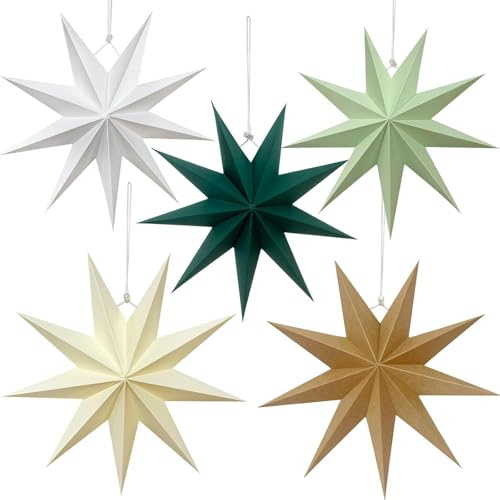 HTTDSLF 5 Pezzi Paper Star Lantern, 9 Punte Stelle Carta da Appendere, Addobbi Natalizi Stella, Stella di Carta 30 cm, 3D Stelle, per Decorare Natale, Matrimonio, Festa