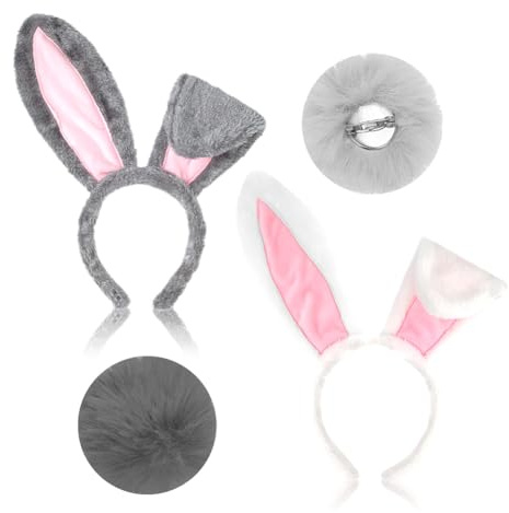 HTGWCG Conjunto de Accesorios de Conejo, 4 Piezas Orejas de Conejo y Cola Esponjosa, Disfraz para Halloween, Pascua, Navidad (Gris y Blanco)