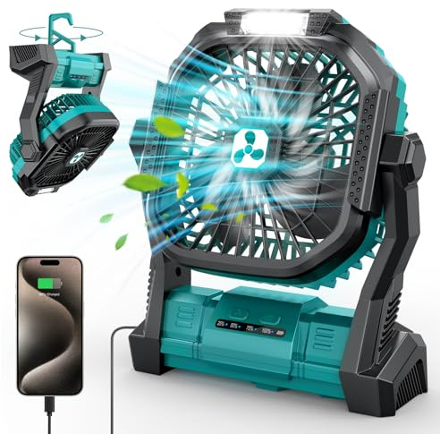 PDBEST Ventilateur à batterie 20000mah sans fil, ventilateur de voiture portable rechargeable avec lanterne LED, ventilateur de table à batterie avec port Type-C Vert green