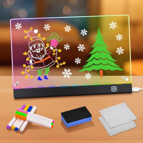 Tableau Acrylique Lumineux LED Effaçable 32 x 21 cm Tableau Message Lumineux Stylos Néons 7 Couleurs Parfait pour Bureau Mémo et Cadeaux Créatifs pour Enfants et Adultes