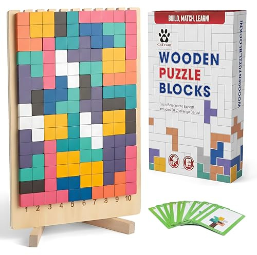 Montessori Holzpuzzle Tetris-Stil – 42 Teile Gehirntraining Blöcke mit nummeriertem Brett (1-10) & 10 doppelseitige Aufgabenkarten, Lernspielzeug für Kinder ab 3-5 Jahren, Feinmotorik & Mathe - Puzzle