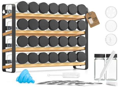 SONGMICS Especiero, Organizador de Especias de Bambú y Acero, Estante con 28 Botes de Cristal, 35 x 9 x 26 cm, Negro y Natural, para Pared y Encimera de Cocina Colección Bystro KCS064B101