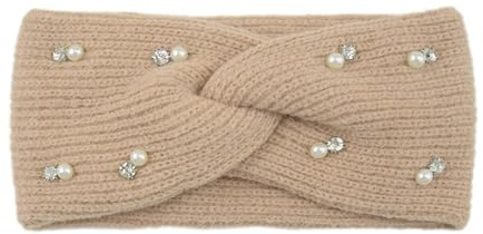 Bandeau Cache Oreille Bandeau d'hiver en perles, cache-oreilles élastique, turban tricoté croisé, accessoire de coiffure à large bord for femmes et filles Pour le sport(Beige)