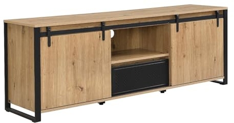 Vente-unique - Meuble TV avec 2 Portes coulissantes, 1 tiroir et 1 Niche en MDF et métal Noir - Naturel - BELINARO
