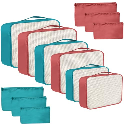 12 Piece Packing Cubes, Multi Coloured Packing Cubes for Suitcases, Mesh & Flat Zip Bags, Large Medium Small Sizes, Lightweight Travel Cubes for Luggage Storage (12, Blue Watermelon Red)