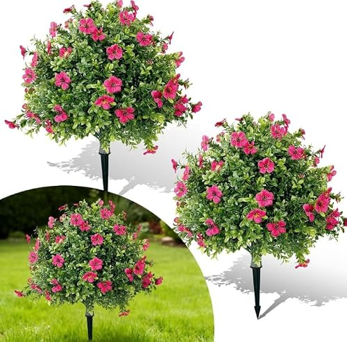 GarveeMore UV Resistant Artificial Boxwood Topiary Ball Trees, 2-Pack 24 Inch – Realistic Faux Shrubs with Rose Red Flowers & Ground Spikes for Indoor Outdoor Garden, Porch, Patio – Rose Red