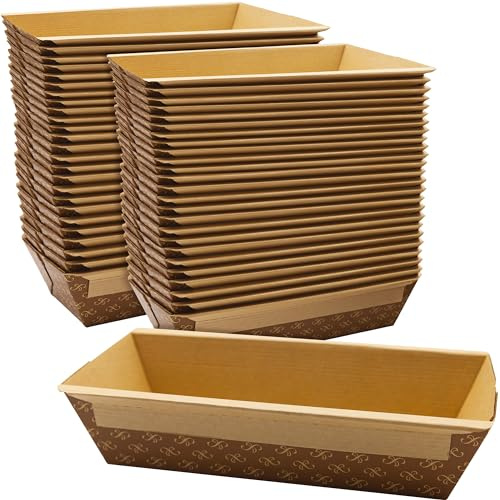 Chef-Grade Elegant 1Lb Paper Loaf Pans 50 Pk. Best Disposable Bakeable Kraft Pan Supply for Baking Bread, Small Meatloaf, Lemon Bundt Cake, Sweets for Holiday Gifts, Bake Sales or Fundraiser.