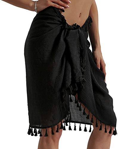 JFAN Dam Sarong Wraps chiffong kort kjol strand täckande med tofsar, Svart, one size