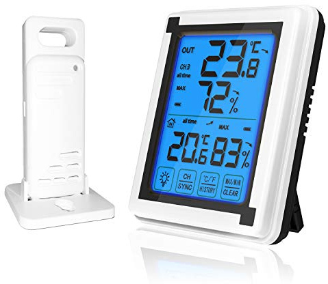 ThreeH Termometro da Esterno con 1 Sensore Wireless Monitor di umidità e Temperatura con Touchscreen LCD Baklight per L'Ufficio Domestico (1 sensore)