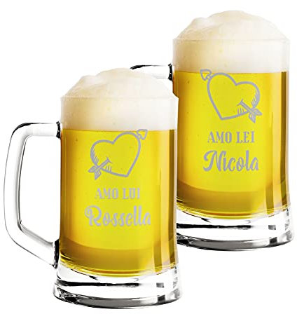 Colorfamily Coppia Boccali da birra Personalizzati Set da 2 Boccali da birra personalizzati con nome Amo Lui Amo Lei - bicchiere in vetro 50 cl