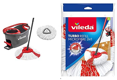 Vileda Turbo Easywring & Clean Komplettset + Classic Ersatzkopf Box, Rosso/Nero/Bianco, Set & Turbo 2In1 Fiocco Ricambio per Sistema Lavapavimenti Turbo, Easy Wring & Clean, Microfibra 100%