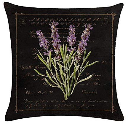 Ezyforu Throw Pillow Covers 18 x 18 Inch Lavender Florals Herbs Black Cotton Linen Pillowcase Decorative Cushion Cases