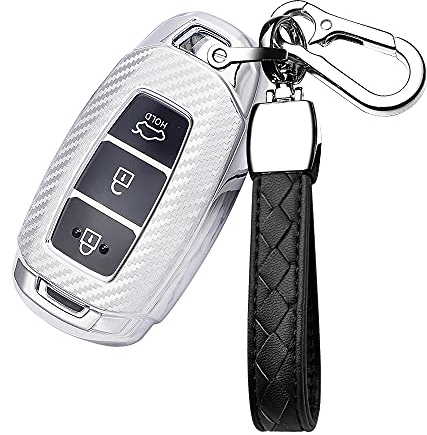 HIBEYO Smart Autoschlüssel Hülle Passt für Hyundai Schlüsselgehäuse Schutzhülle Cover TPU für Hyundai Kona i10 i30 ioniq Tucson Santa Fe Schlüsselanhänger Funkschlüssel Schlüsselbund 3-Tasten-Silber