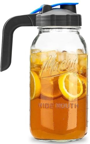Half Gallon Mason Jar Pitcher Large Wide Mouth 64 oz with Lid - 2 Quart for Iced Tea, Sun Lemonade, Coffee, Airtight, Set of 1