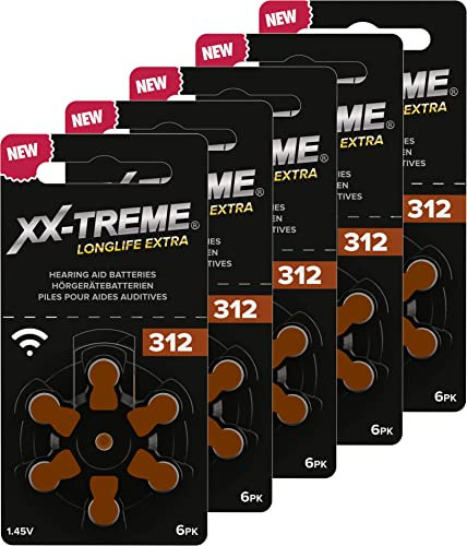 XX-Treme Longlife Extra Hörgerätebatterien Typ 312-30 Stück Hörgeräte Batterien konzipiert für höchste Leistung – Pack mit 5 Blistern à 6 Hörgerätebatterien – PR41 Farbcode braun 1,45 Volt