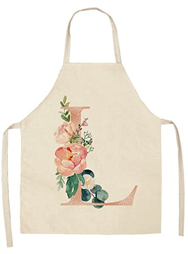 53*65cm Linen Kitchen Apron Pink A-Z Letter Flower Print Apron Ladies Home Cleaning Apron Kitchen Cooking Baking Apron,L,53*65cm