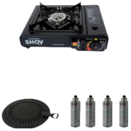 SHOV Gas Stove Camping Stove Small with 4 Gas Cartridges Including Grill Attachment and Carry Case/Storage Case 2.2 KW in Black