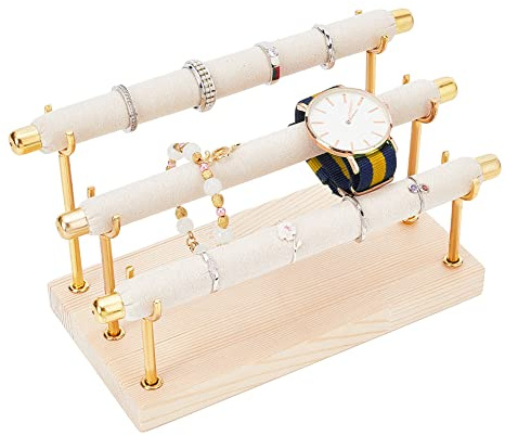 NBEADS 3-Tier Ring Display Ständer, Holz Abnehmbarer Ring Organizer Display Ständer Holzringhalter Ende Schmuckhalter Mit Goldenem für Anzeigen von Ringen Eheringen Schmuck Lagerung Organize