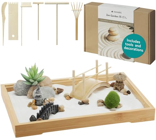 Navaris Jardin zen miniature - Kit accessoire mini jardin japonais avec sable pierre support pont pagode lanterne herbe et succulente artificielles