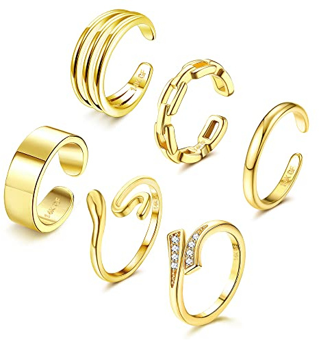 Adramata 6 Piezas de Anillos para Pies y Pulgar Ajustables de Oro 14K - Joyería de Playa de Verano con Diseño de Flores