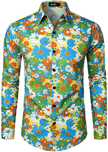 JOGAL Chemise business à manches longues pour homme Coupe droite Motif floral, Petites pâquerettes jaunes., XXL