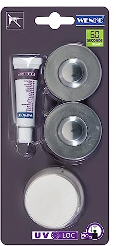 WENKO UV-Loc® Befestigungsset, 2 Adapter passend für Verschiedene Drahtserien inkl. Spezialkleber und UV-Lampe, Befestigen ohne Bohren mit innovativem Klebesystem UV-Loc®, je Ø 5 x 1,5 cm, Chrom