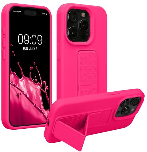 kwmobile Case for Apple iPhone 15 Pro Max Case - Soft TPU Cover with Silicone Coating - With Hand Strap and Stand Function - Shockproof - Neon Pink