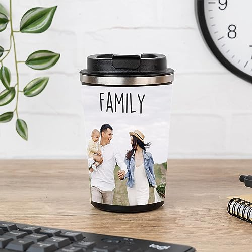 Wanapix | Termo Cafe Personalizado 350 ml | Personalizado con Foto y Texto | Vaso Térmicos de Doble Capa | Taza para Llevar | Acero Inoxidable | Libre de BPA | 100% Personalizado Negro
